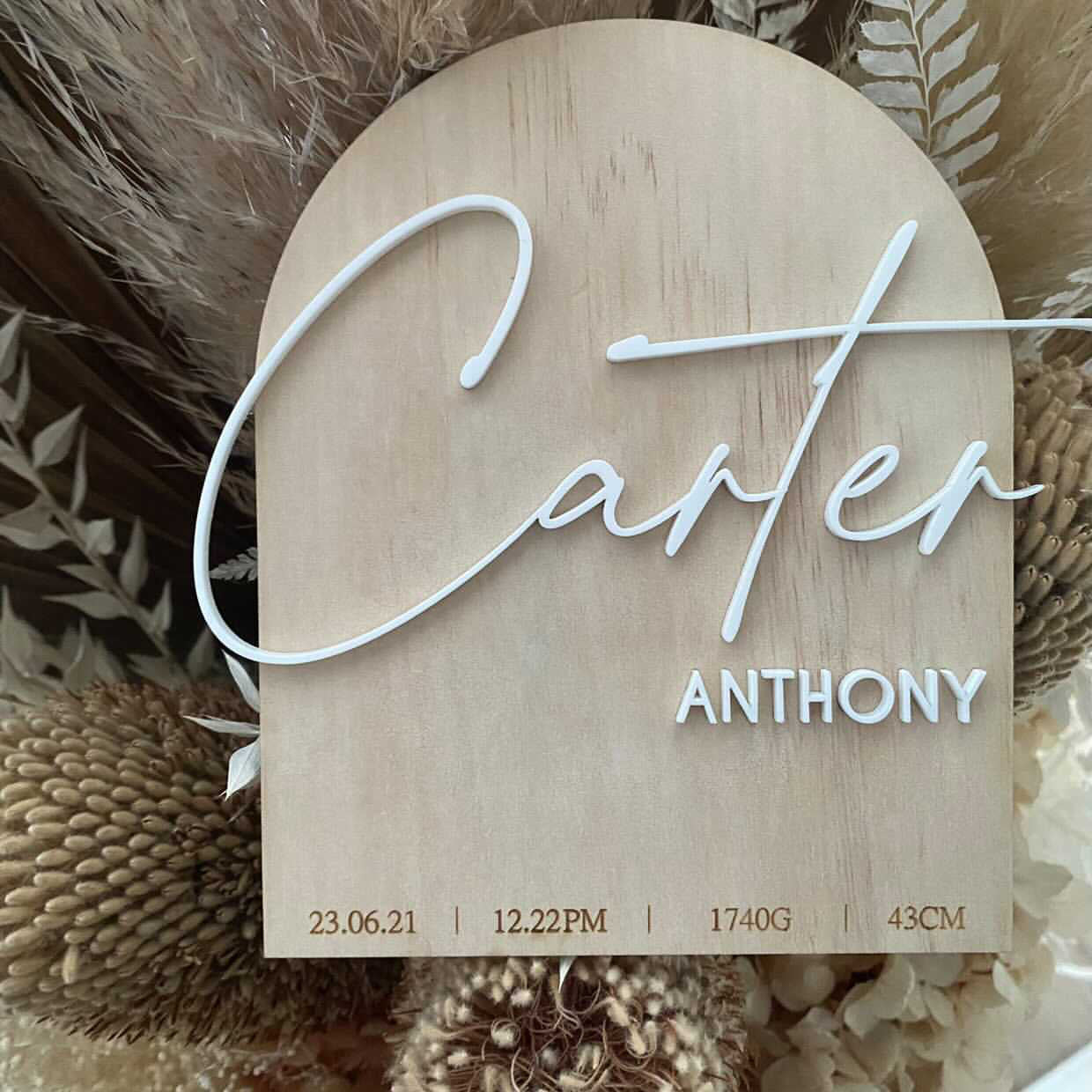 Personalised 3D Arch Timber Sign with birth details